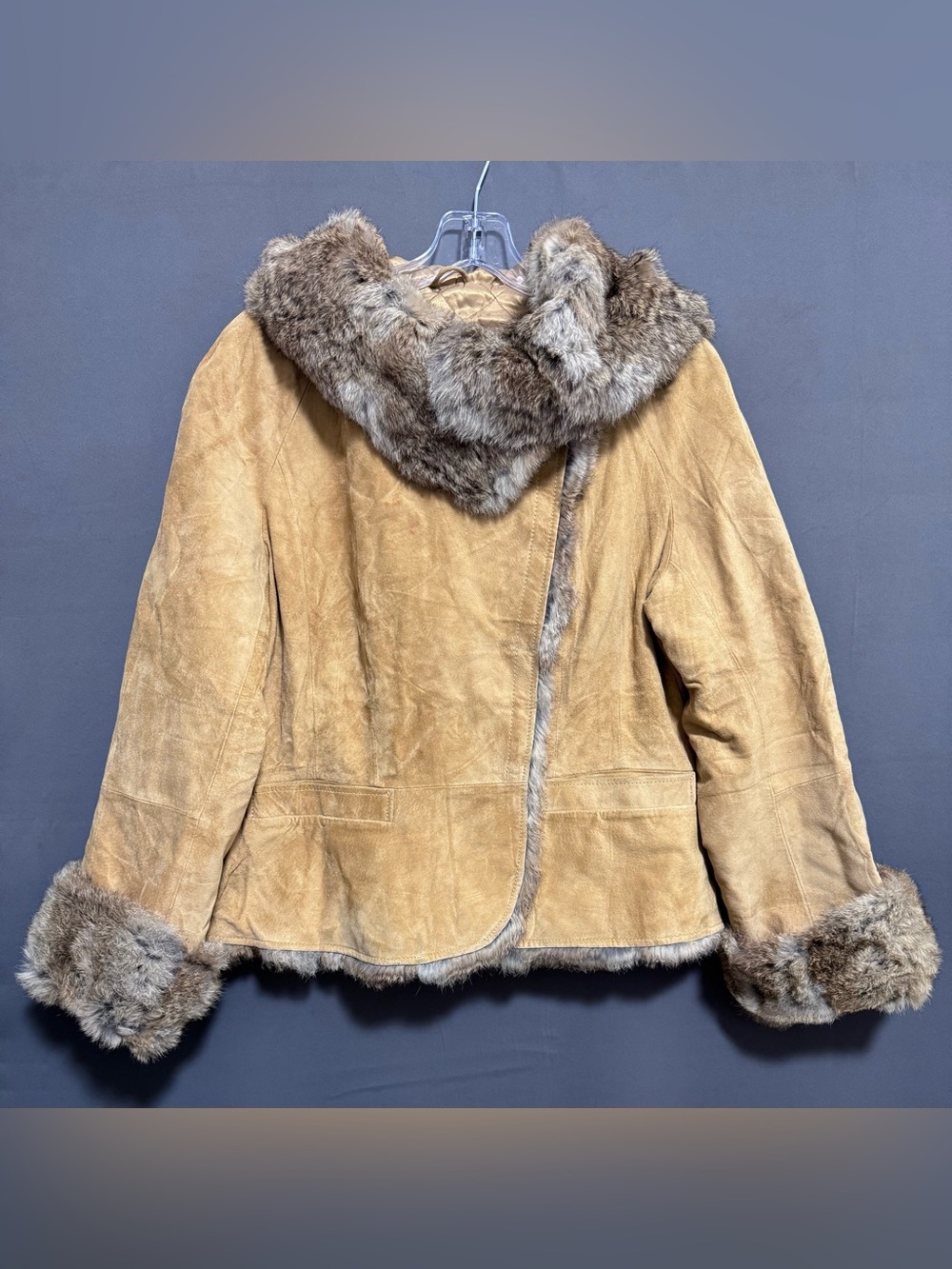 Danier Tan Genuine Suede Leather Coat w/ Rabbit Fur Trim - Size L / 18